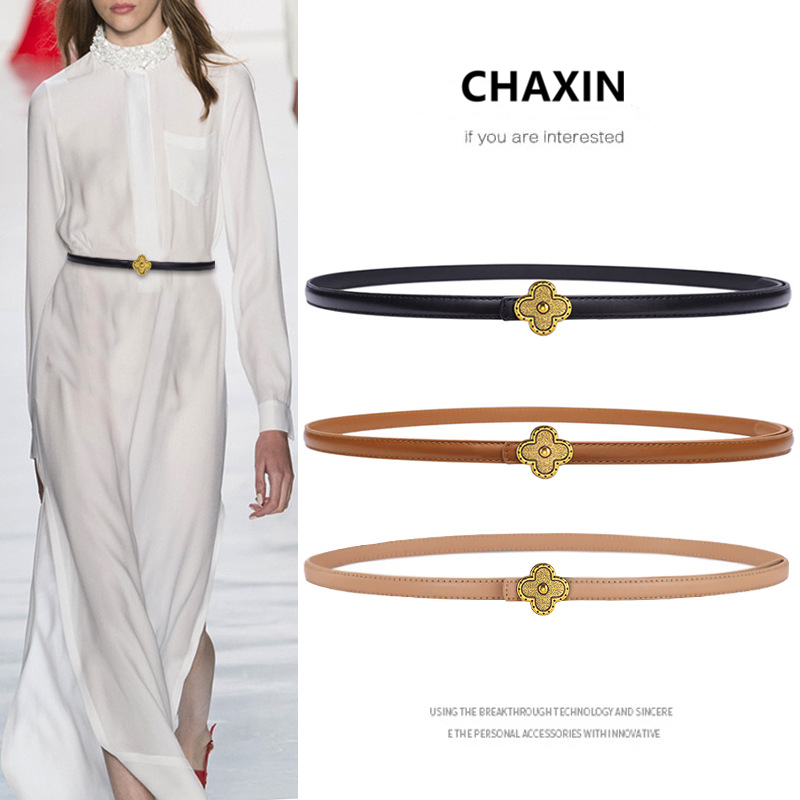 腰带女真皮小众设计高级感复古牛皮细皮带装饰配连衣裙子棕色裤带