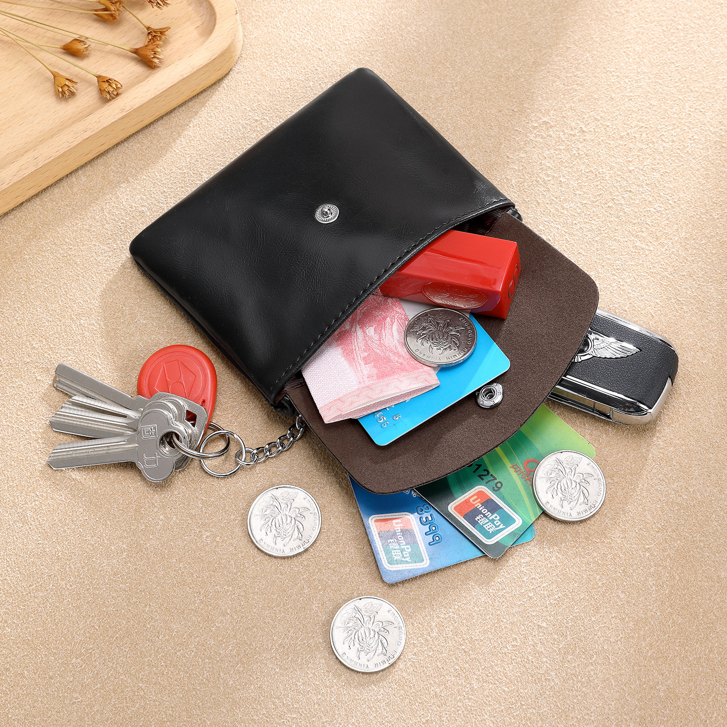 简约油蜡皮零钱包女卡包钥匙包软皮小包硬币包拉链迷你短款钱包