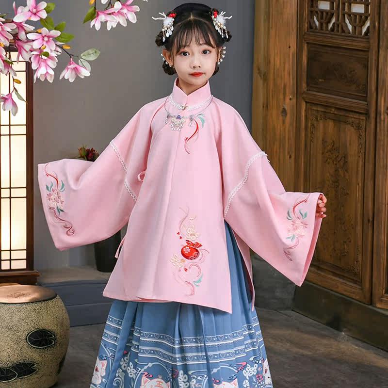 女童汉服长袖拜年服春季粉色中国风女孩古装高端过年服装唐装儿童