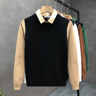 假两件polo领毛衣男秋季穿搭成熟稳重男装修身商务休闲针织衫上衣