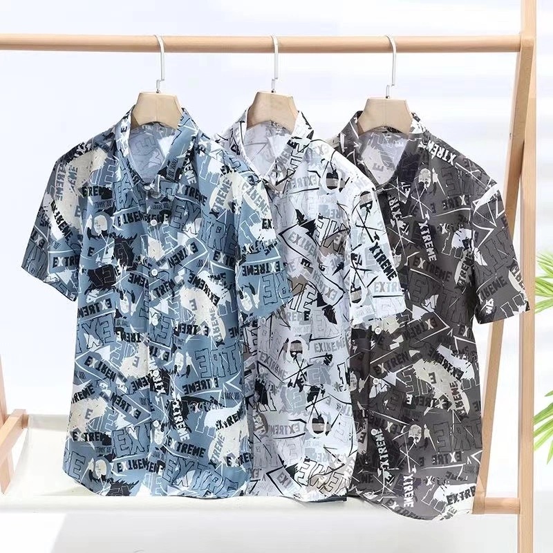 潮牌衬衫短袖休闲涂鸦冰丝寸衫男