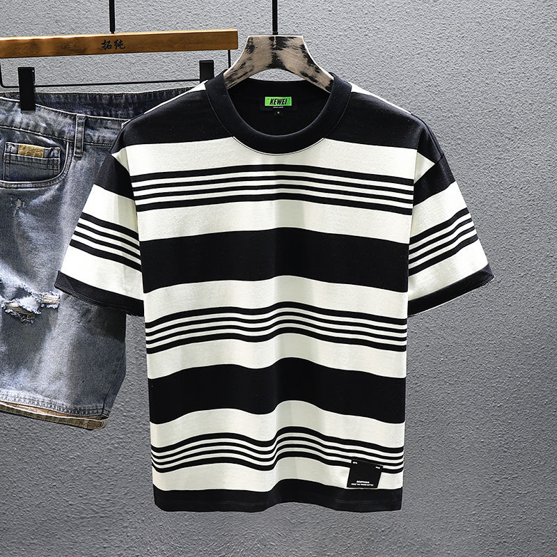 短袖+条纹+潮牌+宽松+圆领+男士