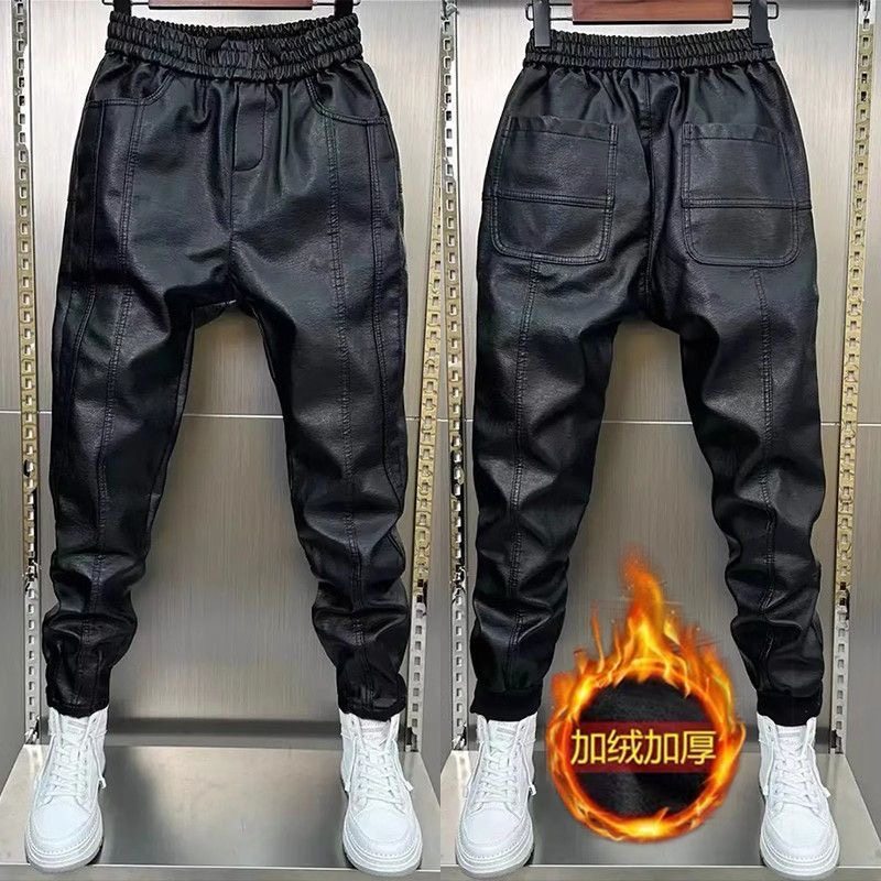 加绒小脚休闲裤潮牌时尚拼接束脚裤秋冬个性痞帅百搭机车PU皮裤,男装,皮裤,淘宝优惠券,粉丝福利购,淘宝优惠卷