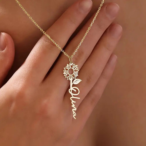 Women's Letter Pendant Necklace With Floral Flower Design