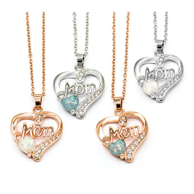 Mom Love-shaped Opal Necklace Silver Mother Birthday Gift