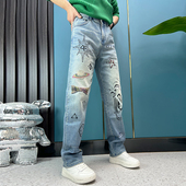 新款 手绘印花牛仔裤 潮牌宽松直筒裤 2025春季 高档百搭微阔休闲长裤