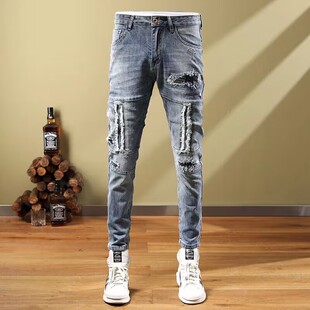 高端休闲水洗痞帅机车长裤 男乞丐破洞潮牌弹力修身 拼接牛仔裤 秋季