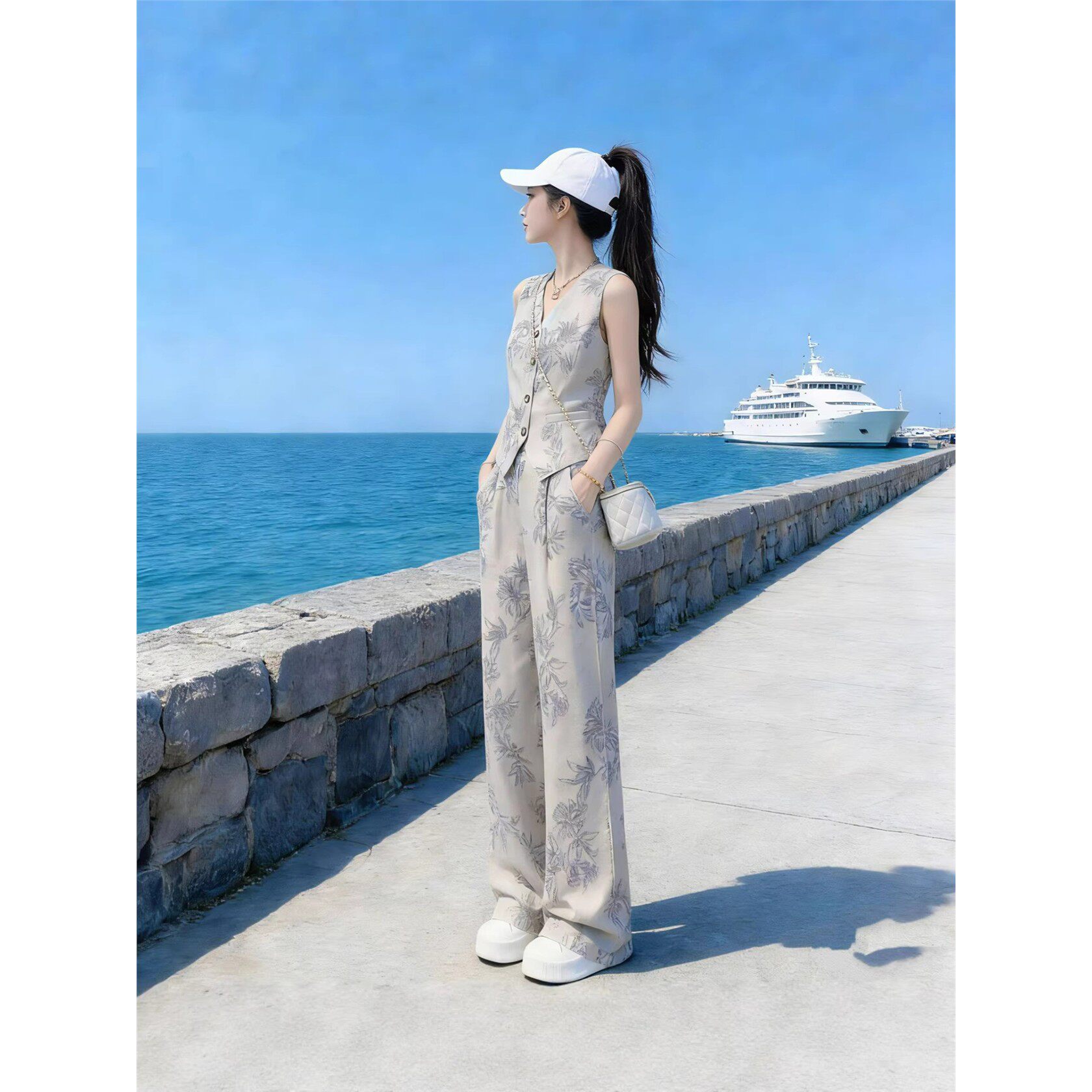 夏季女装套装轻奢高级感女人味气质印花无袖马甲上衣阔腿裤两件套