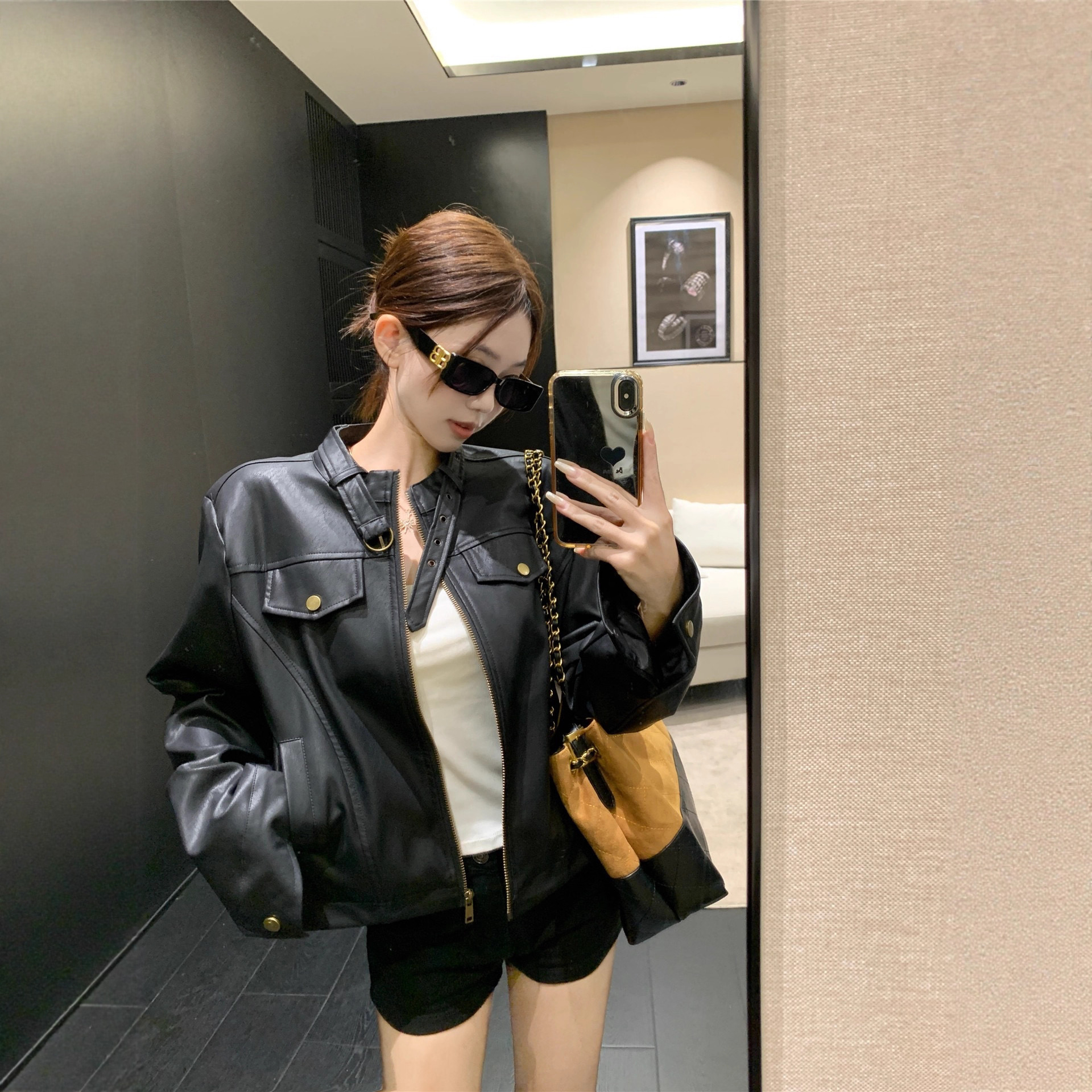 实拍复古做旧机车风立领