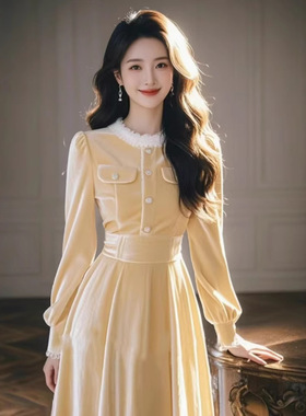 奶黄色丝绒连衣裙富家千金韩系温柔风气质收腰冷淡系独特别致裙子