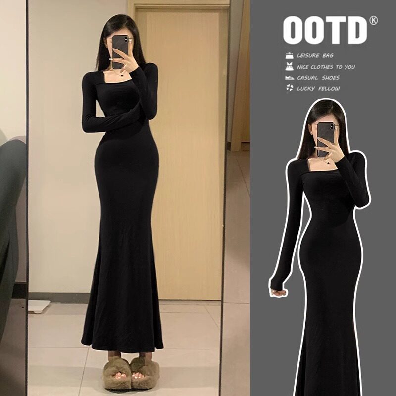 方领小妈黑色针织鱼尾包臀连衣裙女修身2025内搭长款裙子套装紧身