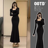 裙子套装 方领小妈黑色针织鱼尾包臀连衣裙女修身 2025内搭长款 紧身