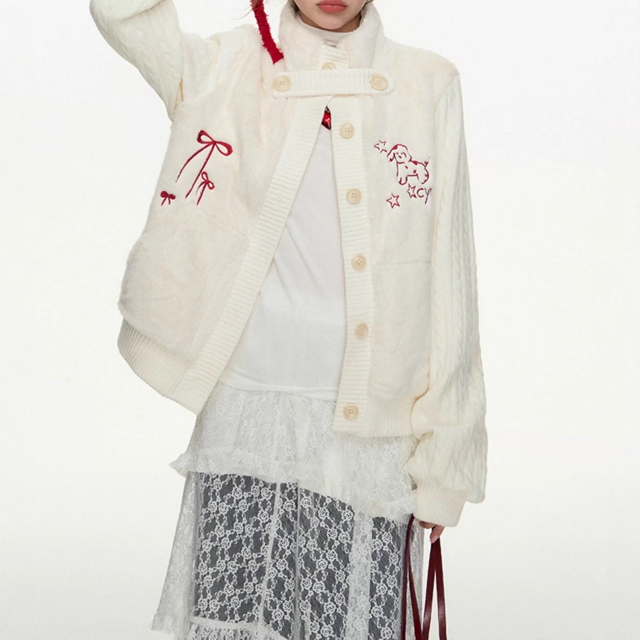 甜美针织拼接兔毛外套上