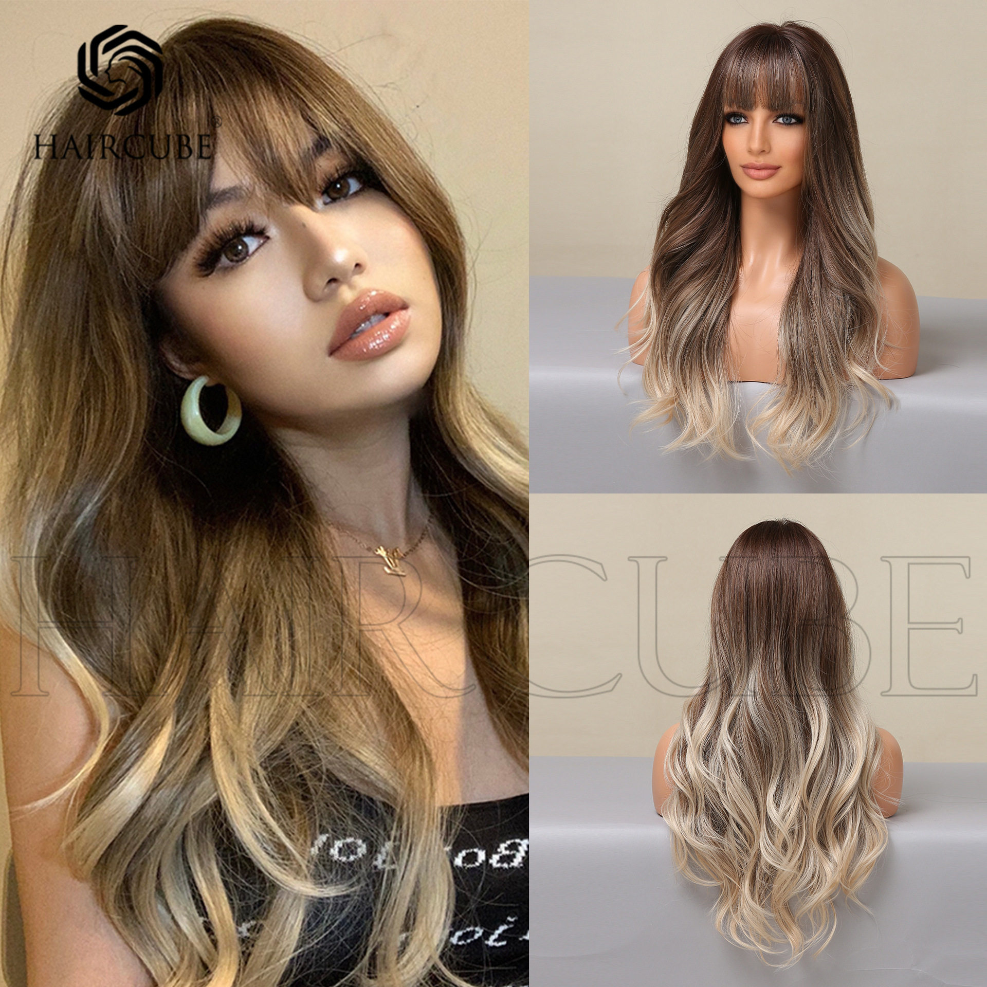 欧美齐刘海粽色长卷发全头套假发女golden brown crimp long wigs
