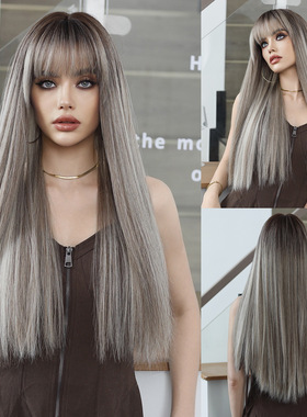 brown Spot Dyed Long Straight Wig 混血感棕色挑染长直全头假发