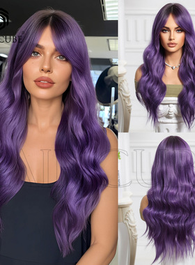 欧美中分渐变紫色COS卡莎同款长卷假发女 purple crimp long wigs