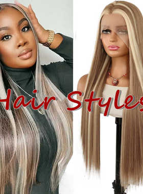 前蕾丝亚麻挑染金色长直假发lace Brown gold long straight wigs