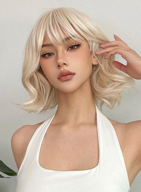 Barbie white gold Cute Short Curly Wig白金色短卷发全头套假发