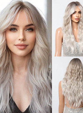 渐变白金色八字刘海长卷假发Gradient white gold long curly wig
