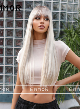 欧美女ins网红渐变银色全头套长直假发silvery long straight wig