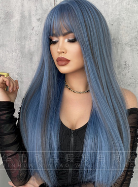 欧美风长直发齐刘海人鱼蓝色全头套假发女blue long straight wig