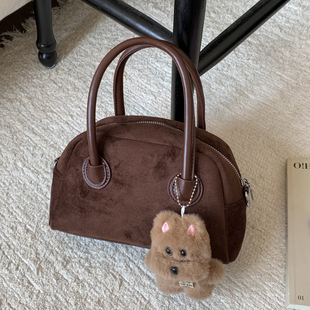 复古麂皮绒保龄球手提包女小拎包2025秋冬新款高级感通勤斜挎包