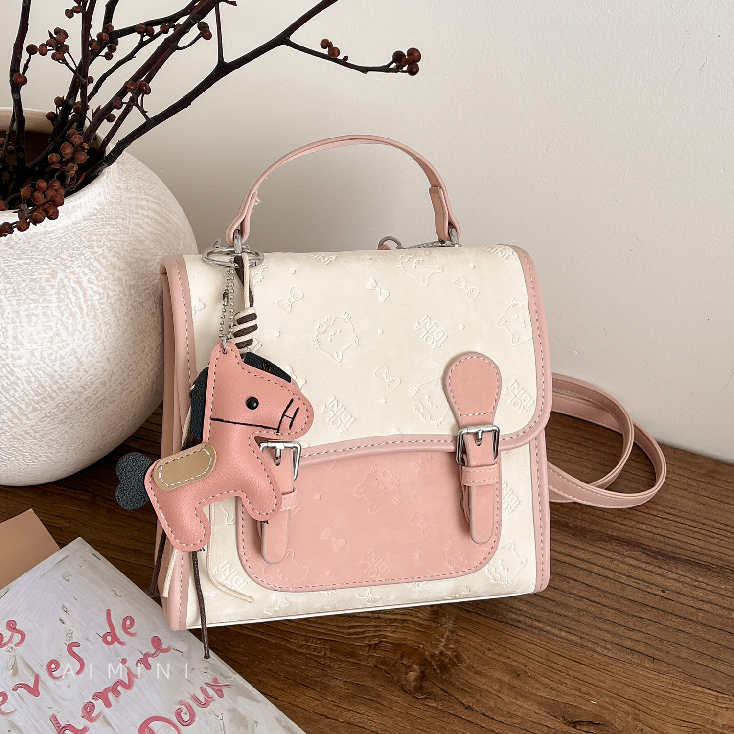 撞色双肩包女小型2026春季新款时尚百搭日常通勤可爱小背包斜挎包