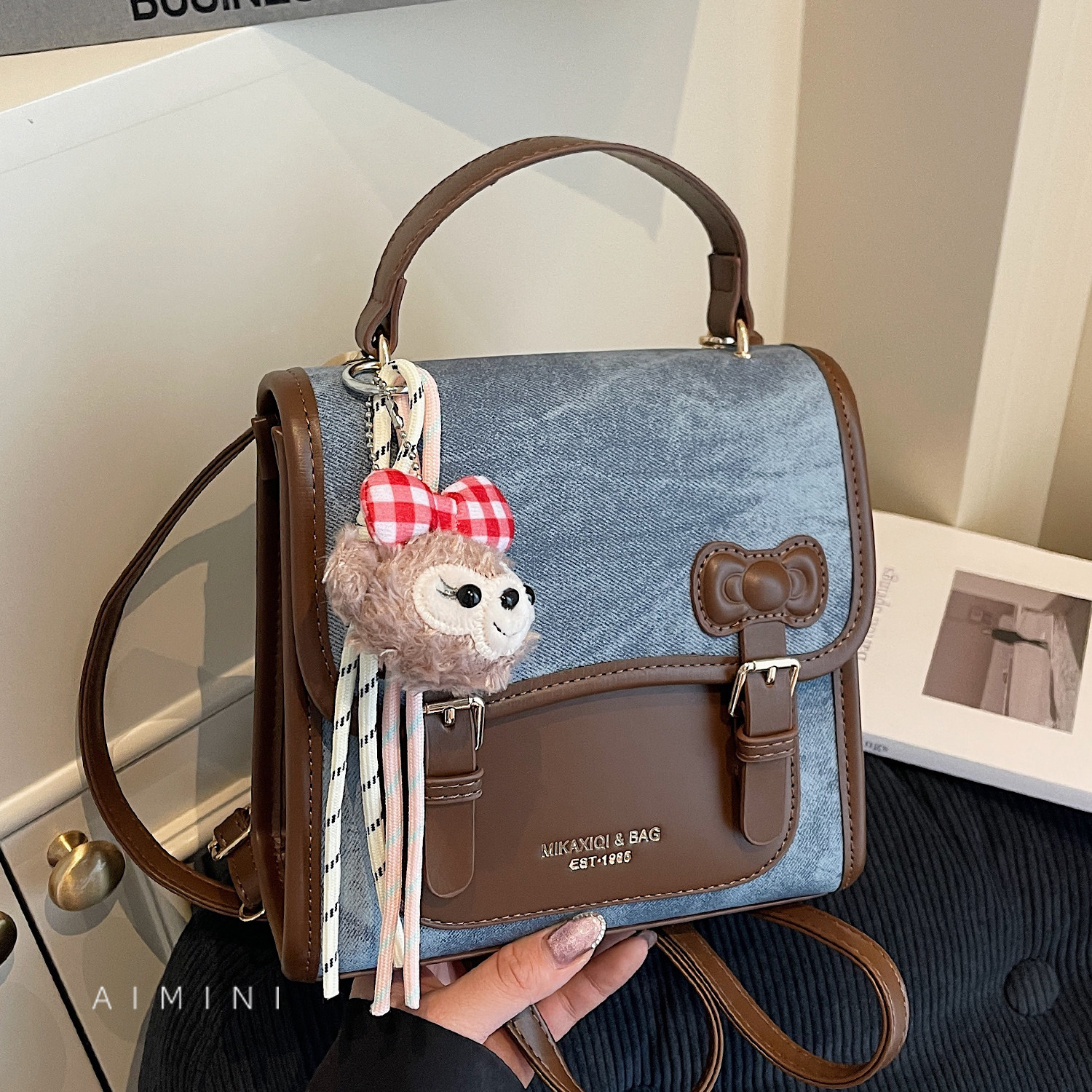 高级感复古牛仔双肩包女小型2025秋冬新款时尚百搭通勤斜挎小背包