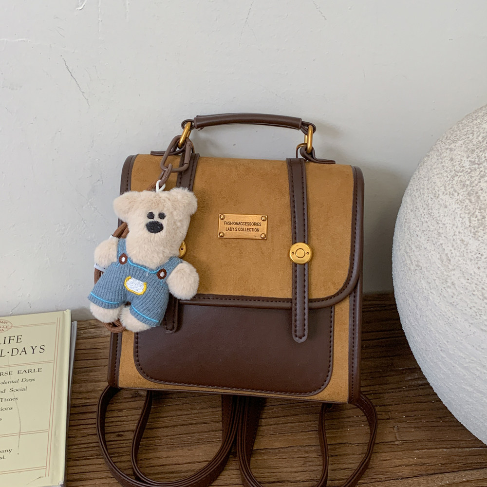 撞色麂皮绒双肩包女小型2025秋冬新款时尚百搭通勤小背包斜挎包