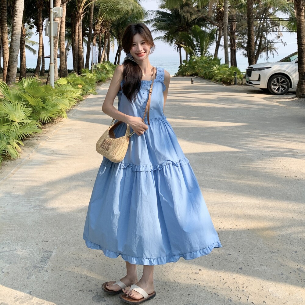 海边度假风木耳边蓝色背心连衣裙女夏2025新超好看款独特漂亮长裙,女装连衣裙,2C036