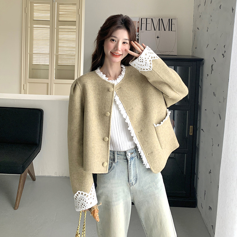 蕾丝花边小香风羊毛呢子外套女2025年春秋季新款韩版显瘦毛呢大衣图片