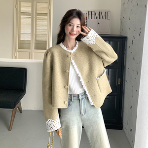 蕾丝花边小香风羊毛呢子外套女2025年春秋季新款韩版显瘦毛呢大衣图片