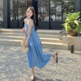 韩版小清新度假风吊带连衣裙森女2025夏季新款显瘦驾龄木耳边长裙，女装连衣裙，2C036