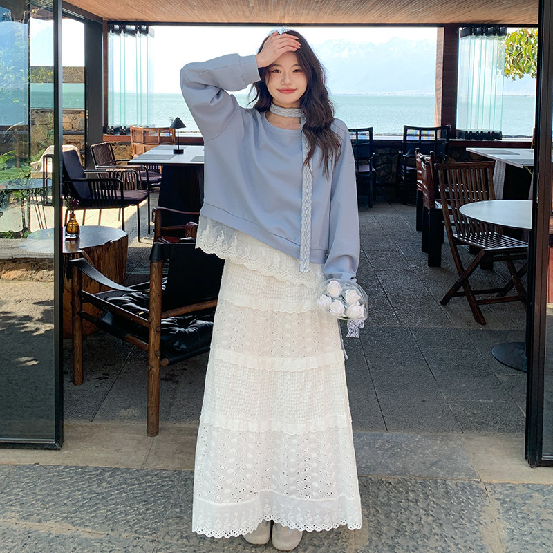 春装新款旅拍冰川蓝卫衣绣花裙两件套RF2C036-T353-P160-K238，女装套装/套裙，2C036