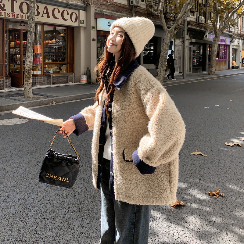 冬季新款米杏色羊羔毛外套RF2C036-Y617-P205-K318,女装毛呢外套,2C036