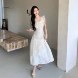 法式气质拼接吊带连衣裙女2025夏季新款高级感飞飞袖收腰显瘦长裙，女装连衣裙，2C036