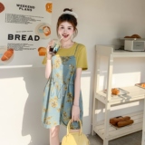 休闲T恤牛仔碎花背带裤套装女夏小个子两件套ootd减龄穿搭巨好看，女装套装/套裙，2C036