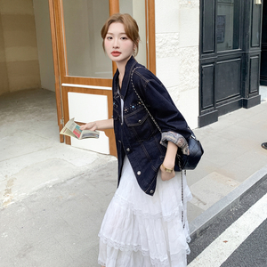 设计感翻领工装牛仔外套女2025春秋新款大方得体减龄短款夹克上衣图片