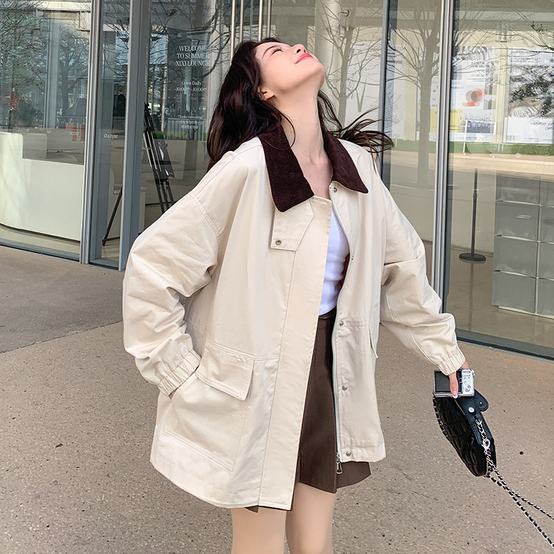 秋装新款奶油杏撞色领风衣外套RF2C036-F352-P150-K218,女装短外套,2C036
