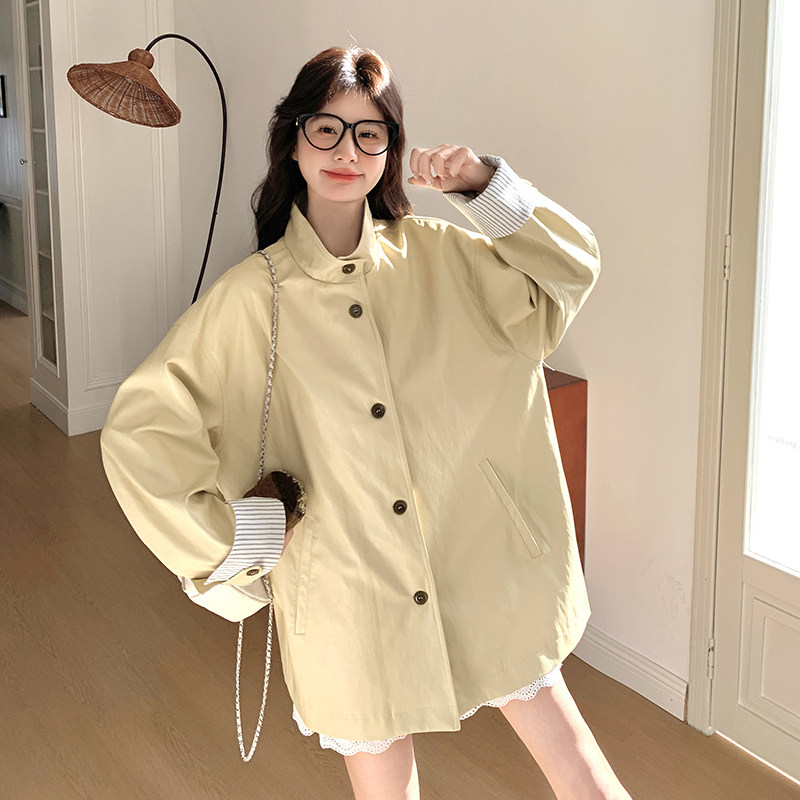 黄色翻领皮衣外套女2025春季新款复古设计感宽松休闲PU皮机车夹克,女装风衣,2C036
