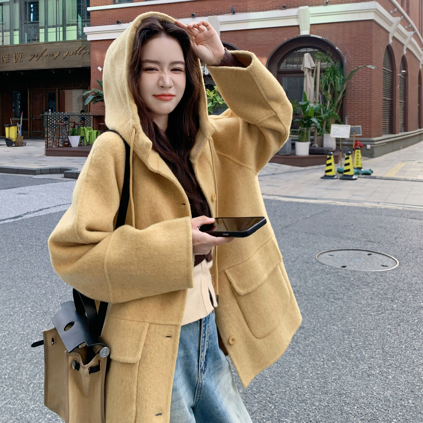新款小小银杏黄连帽款正70双面羊毛大衣RF2C036-Y602-P260-K388,女装毛呢外套,2C036
