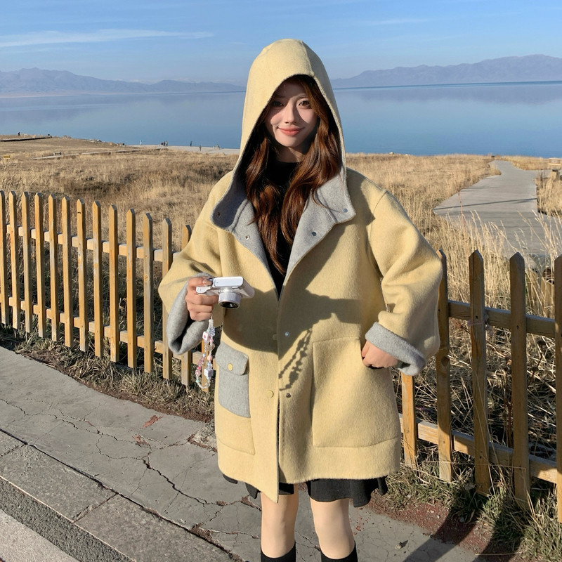 冬季新款奶黄色正70双面双色羊毛大衣RF2C036-Y619-P245-K368,女装毛呢外套,2C036