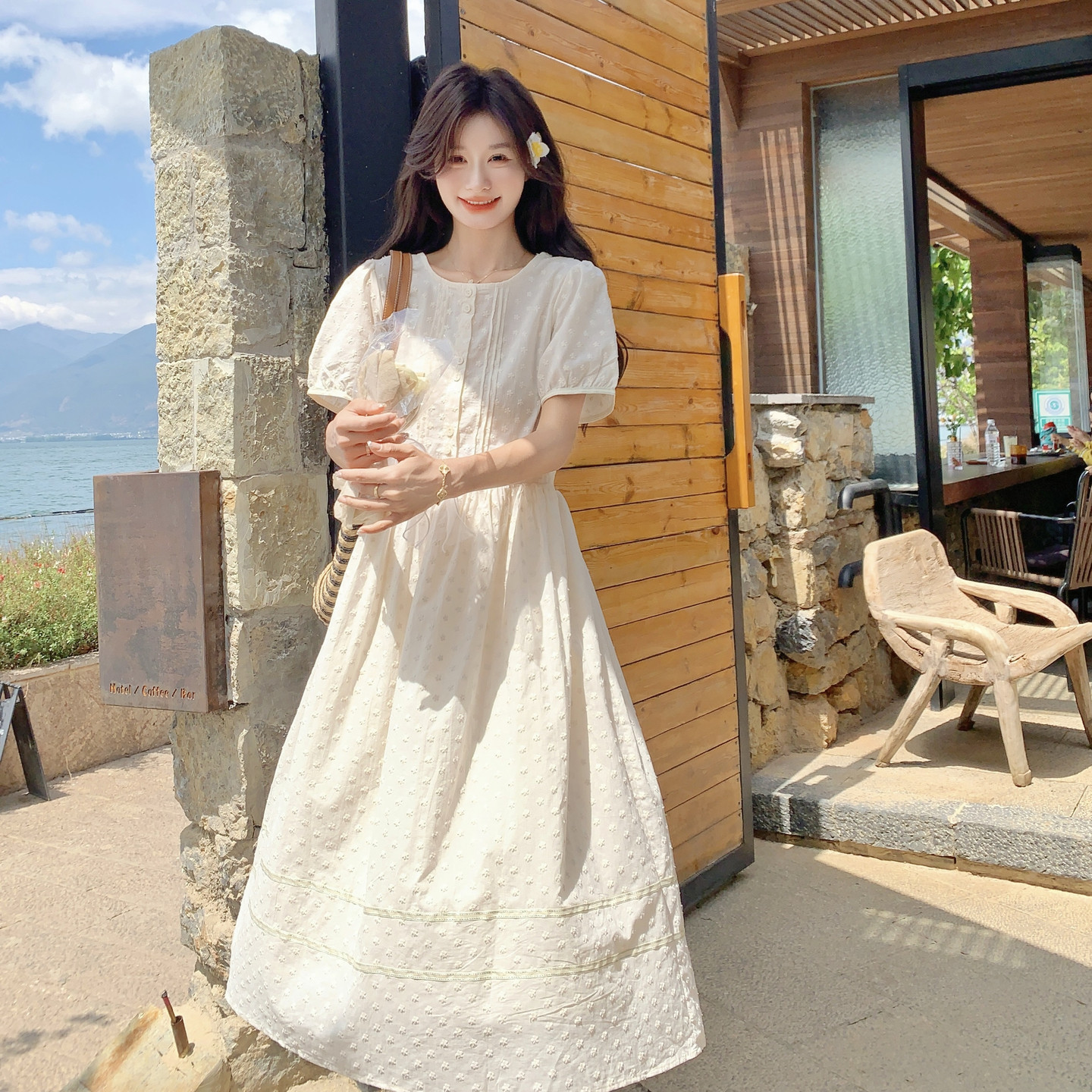 新款 可可旅拍 杏色刺绣绣花裙 RF2C036-L506-P135-K198图片