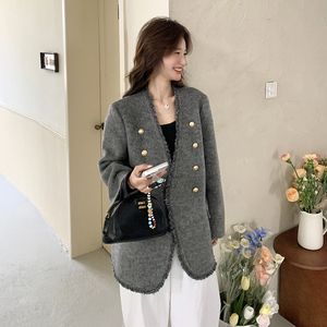 独特超好看灰色小香风无领西装外套女春秋2025新款高级感毛呢上衣图片