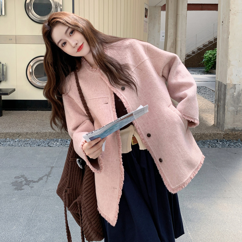 冬季小小粉色双面呢正70羊毛圆领拉毛款RF2C036-Y587-P250-K348，女装毛呢外套，2C036