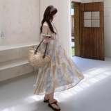 法式轻奢设计感印花连衣裙女2025夏新款氛围感减龄无袖挂脖连衣裙，女装连衣裙，2C036