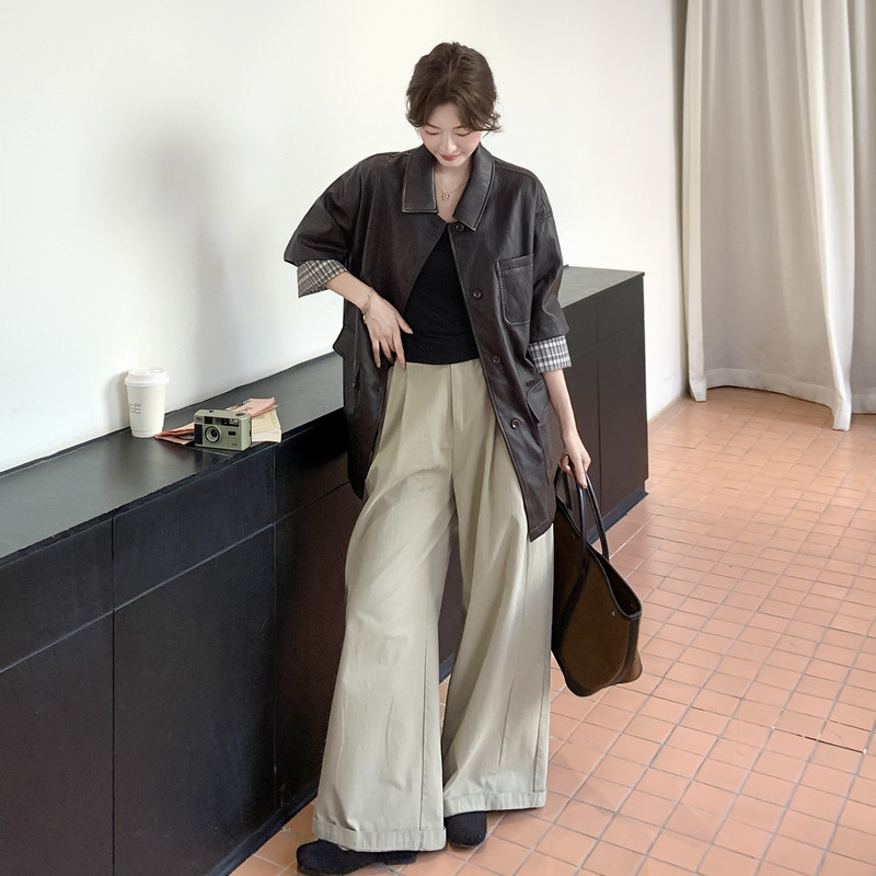 咖色格子拼接皮衣外套女2025秋新款美拉德高级感复古气质PU皮夹克，女装皮衣，2C036