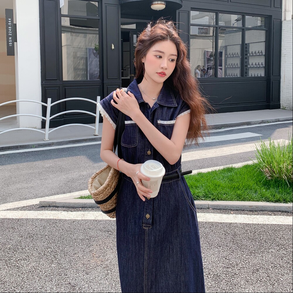 法式复古小飞袖牛仔连衣裙女2025夏季新款高级感时尚收腰显瘦长裙,女装连衣裙,2C036