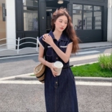 法式复古小飞袖牛仔连衣裙女2025夏季新款高级感时尚收腰显瘦长裙，女装连衣裙，2C036