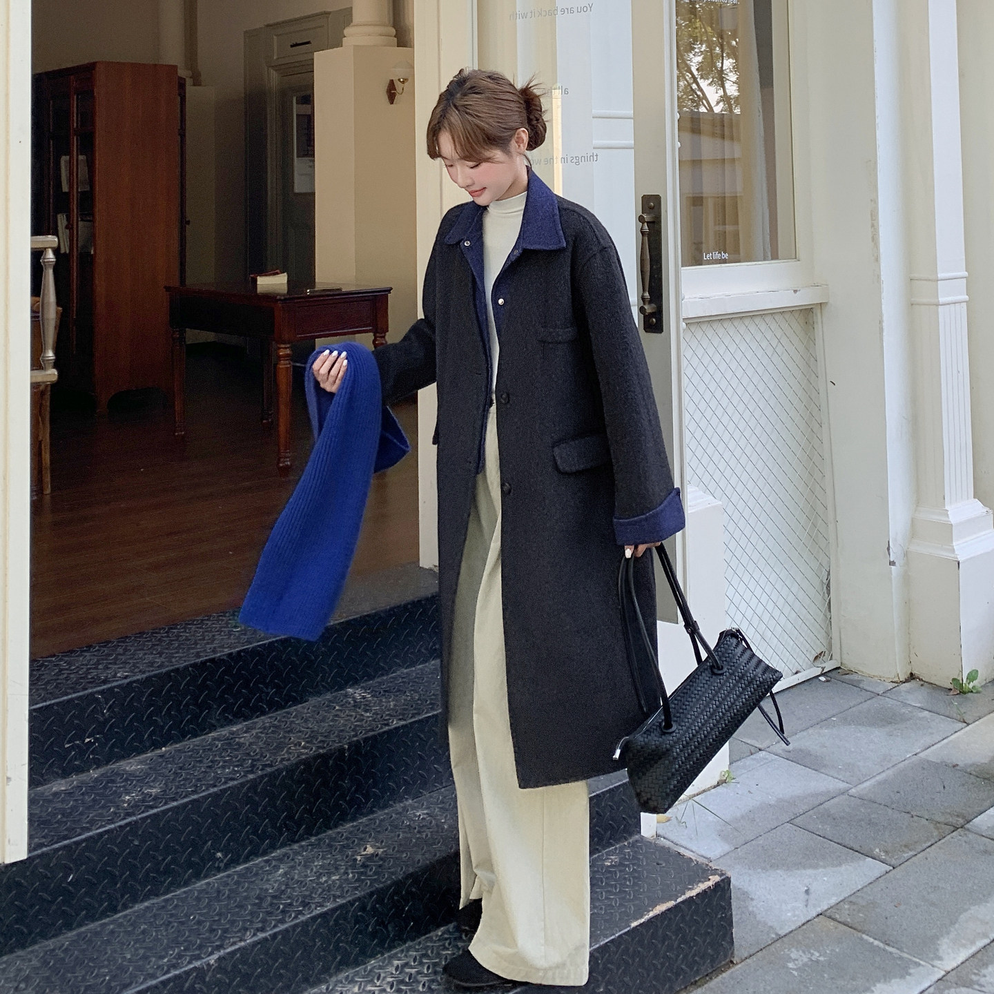 假两件拼接藏青色双面呢外套女2025冬季新款长款羊毛流行爆款大衣,女装毛呢外套,2C036